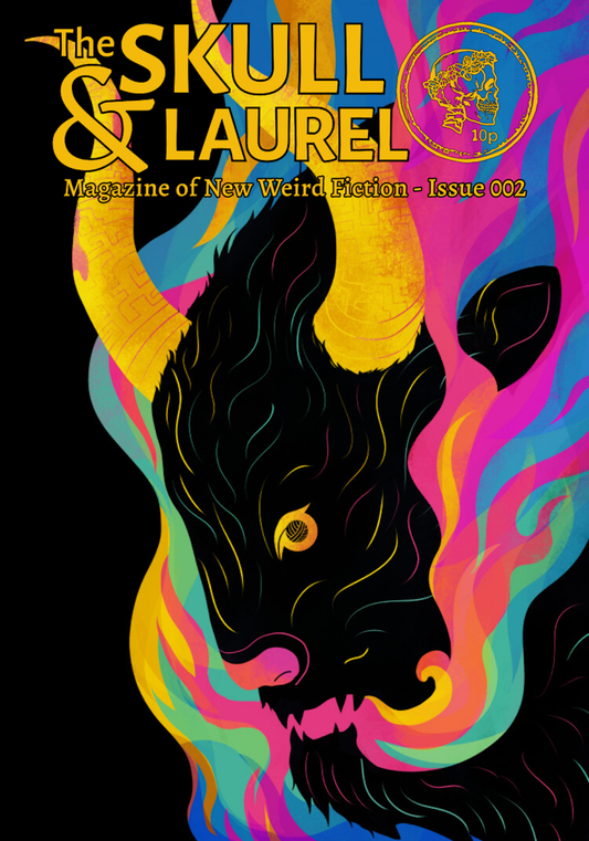 Cover to the Skull & Laurel weird fiction magazine number 2, a flaming psychedelic buffalo