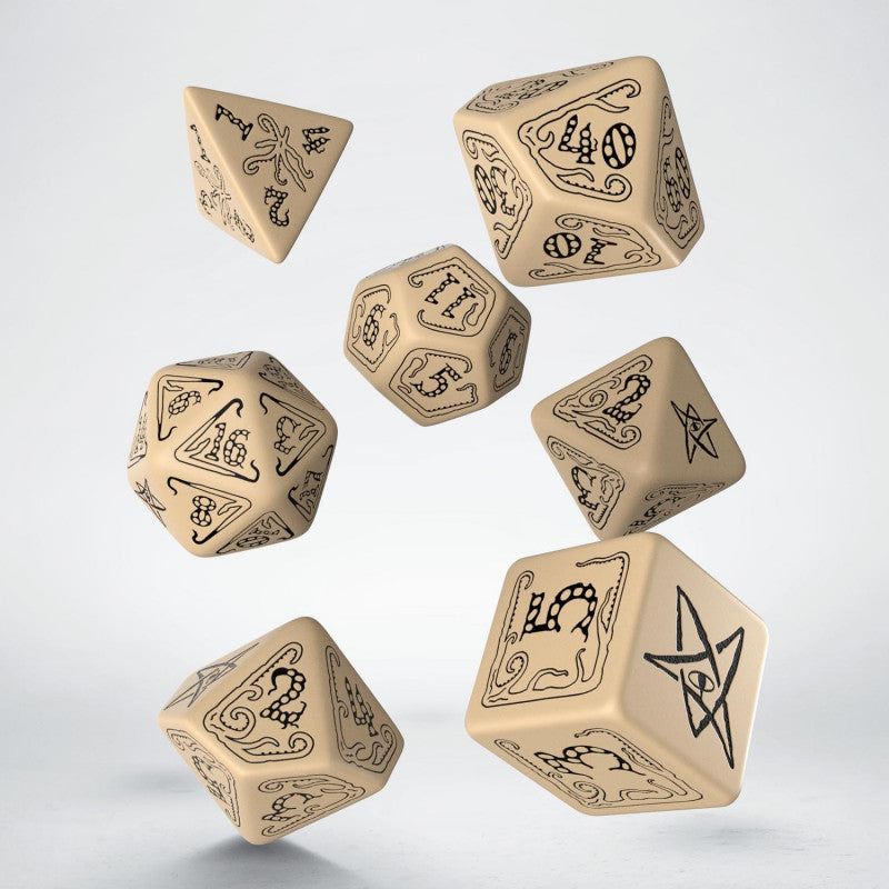 beige and black call of cthulhu dice set