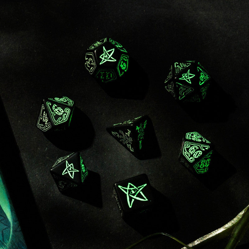 Black Call of Cthulhu Glow in the Dark Dice Set in Action