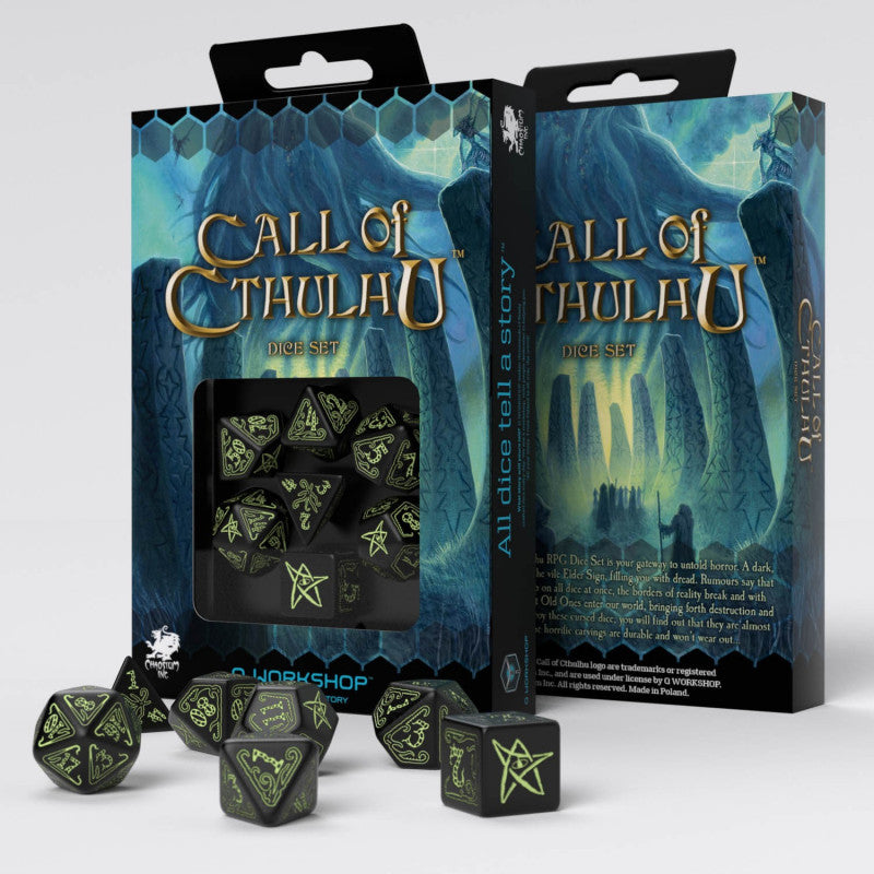 black glow in the dark call of cthulhu dice set in packaging